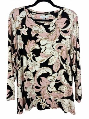 Chico’s Floral Scroll Print Long Sleeve Top Size 3 (XL) Pink Black Rayon Blend
